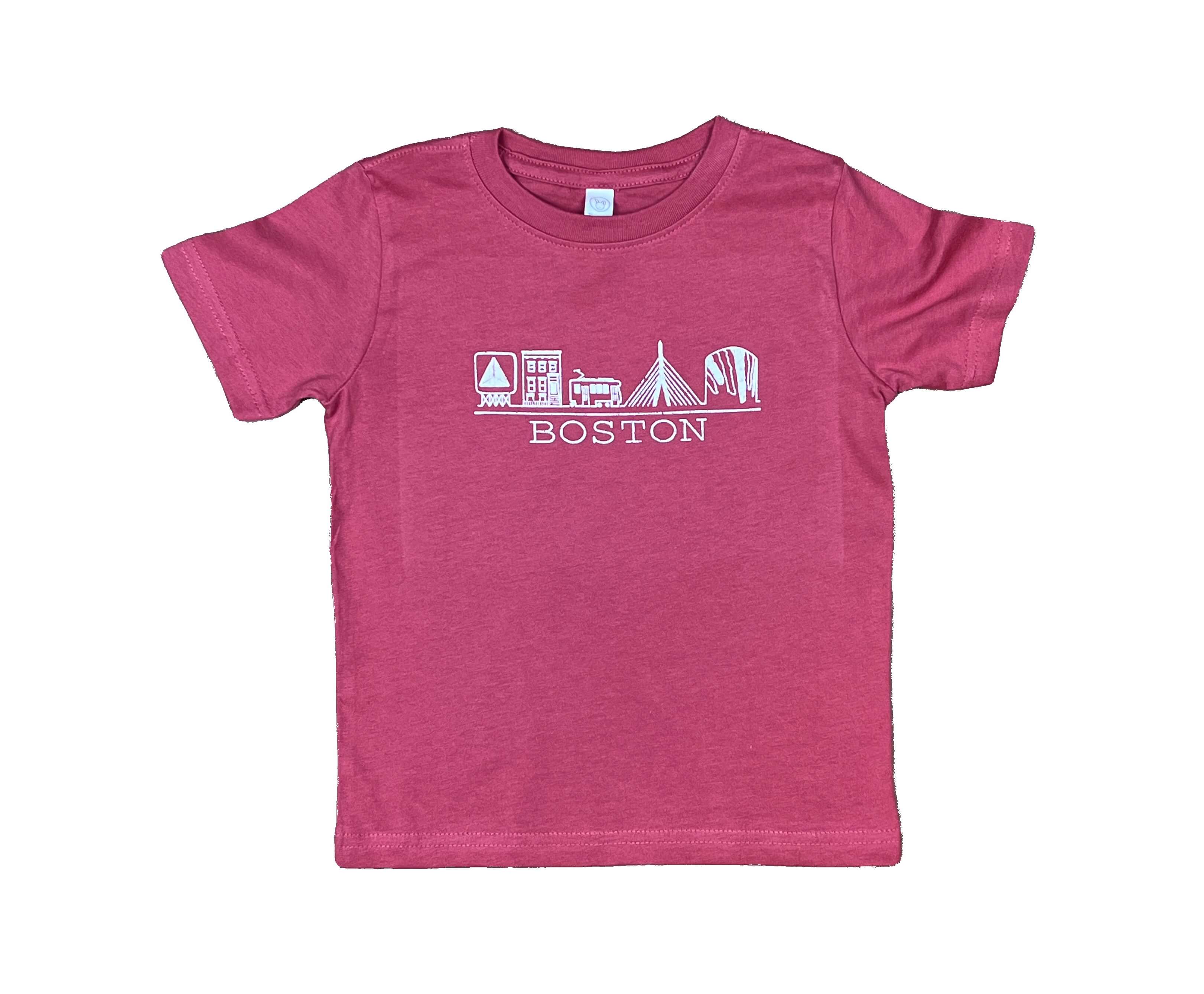 Red toddler tee with cute hand-drawn Boston landmarks and sights